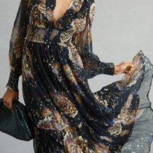 BY ANTHROPOLOGIE SMOCKED V-NECK MAXI DRESS